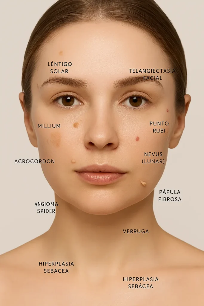 Rostro de mujer con lesiones cutáneas benignas señaladas: lunares, verrugas, puntos rubí, acrocordones y lentigos, tratables con láser azul en Salamanca.